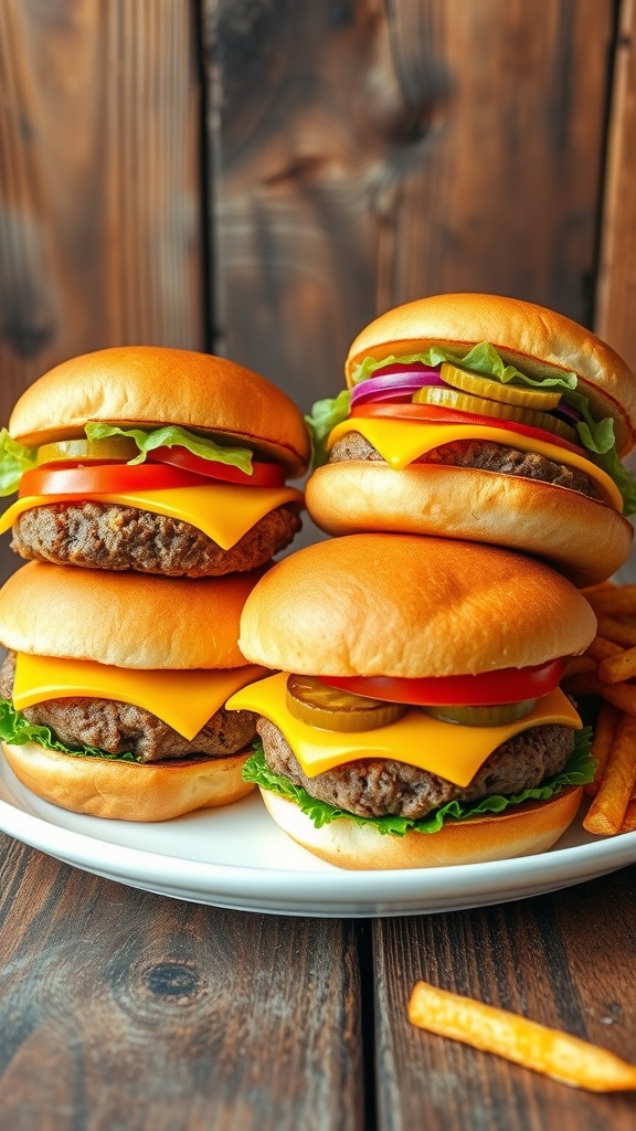 Four gourmet burgers stacked high with lettuce, tomato, cheese, and pickles on toasted buns, served with fries.